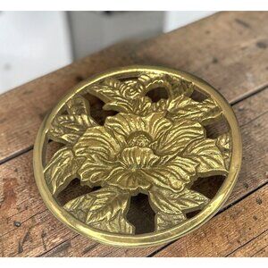 Vintage Floral Cast Brass Trivet Round Design